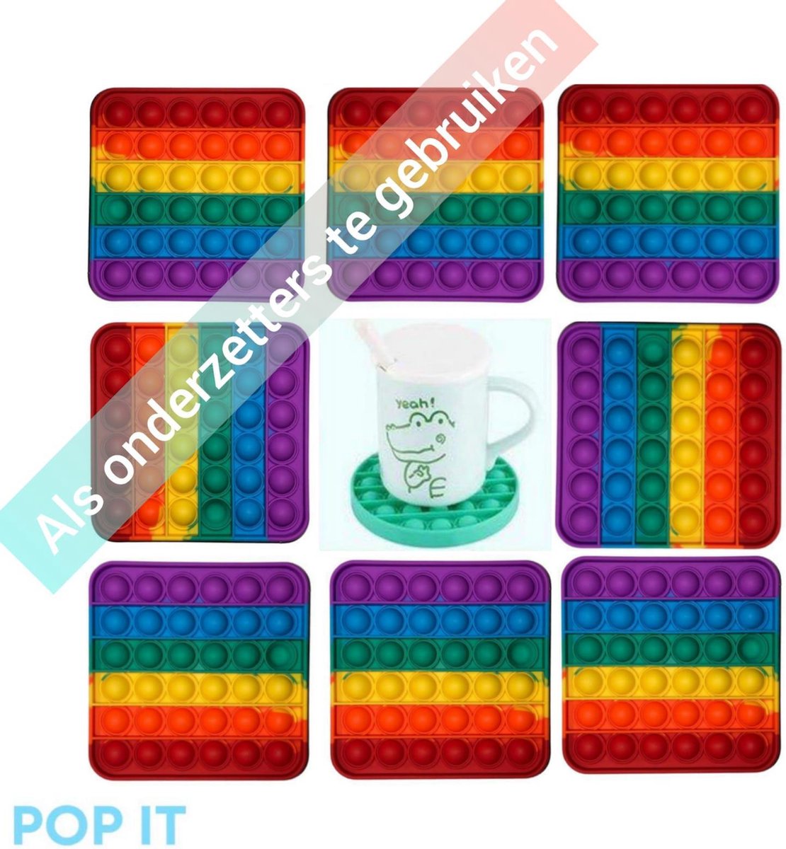 Pop It | Pakket van 8 stuks regenboog vierkant | Leuk als onderzetters te gebruiken | Voor een gezellig moment bij de koffie of thee